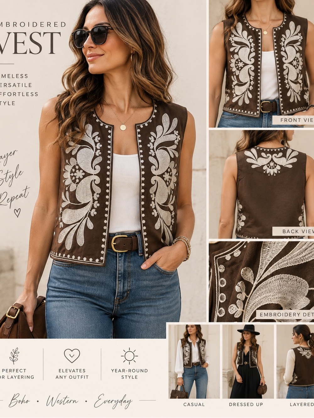 Embroidered Boho Western Vest Brown Ivory Folk Art Waistcoat M